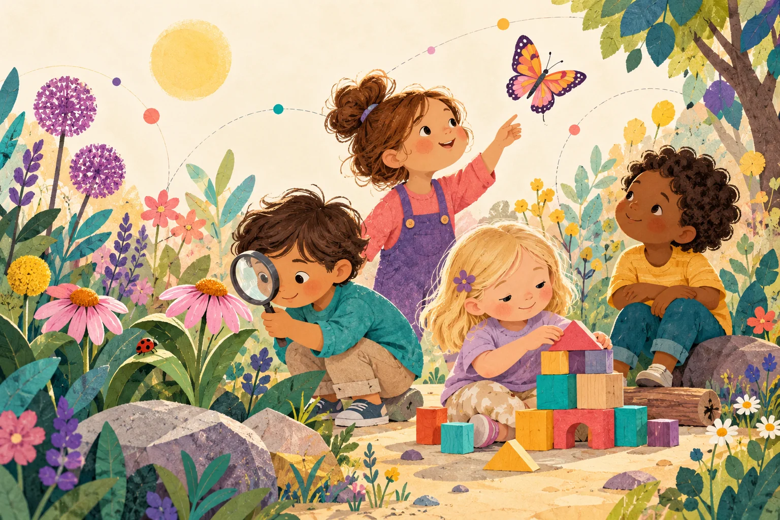 Illustration: Kinder entdecken Pflanzen, einen Schmetterling und bunte Bausteine